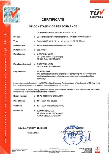 Austria Certificate of Constancy of Performance